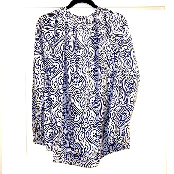 Talbots Women's 2XL Tunic Blouse Beaded V-Neck Long Sleeves Blue White Cotton - Picture 2 of 6